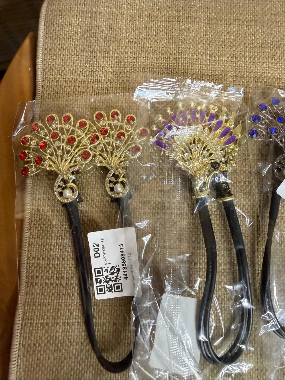 New***Jeweled Peacock Hair Tie - Gold with Multicolor Stones-set of 5